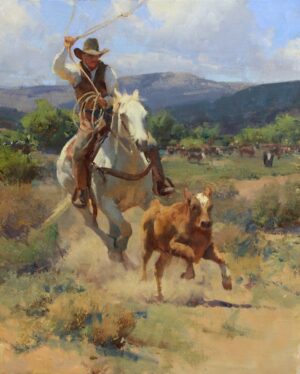 painting of a cowboy roping a runaway calf