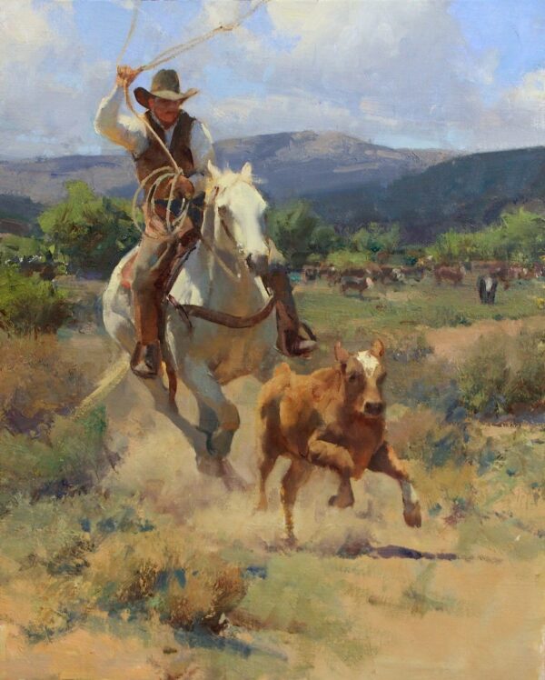 painting of a cowboy roping a runaway calf