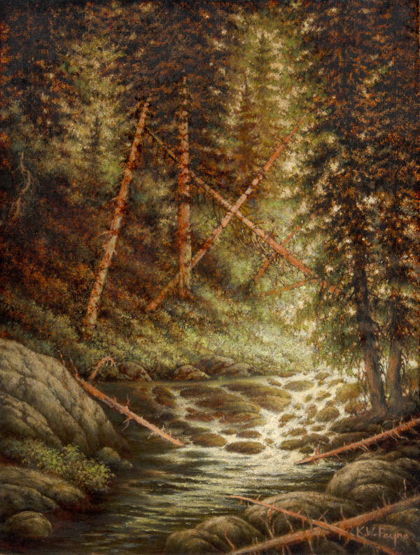 painting of a creek with the glow of the last light of the day