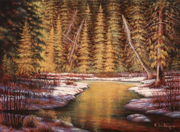 paining of a creek surrounded by tall pines, which are reflected in the water