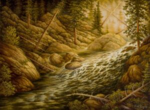 painting of a creek with the glow of the last light of the day