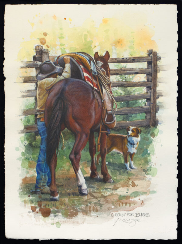 painting of a horse standing by a fence with a cowboy checking for burrs under the saddle