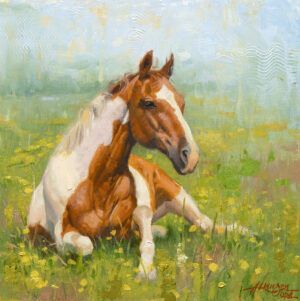 close up painting of a horse laying in a green pasture