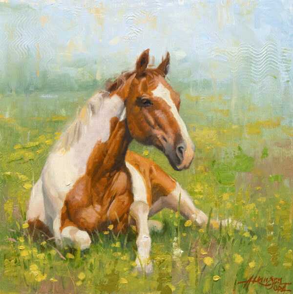 close up painting of a horse laying in a green pasture