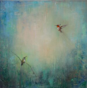 painting of two hummingbirds in flight