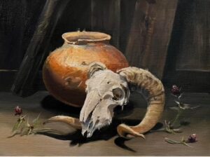 painting of a clay pot with a rams head skull and horns