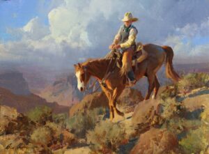 painting of a cowboy riding a horse down an incline