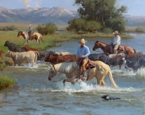 painting of Cowboys on horseback, crossing a river ,herding cattle