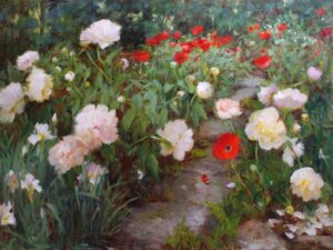 painting of a garden with white poppirs and bright red peonies