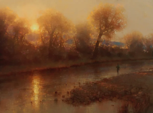 painting of golden hour river scene