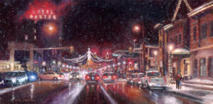 night scene of Bozeman during a snowfall