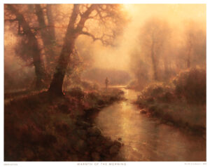 painting of a golden hours stream bounded by tress, with the sunlight reflecting on the water