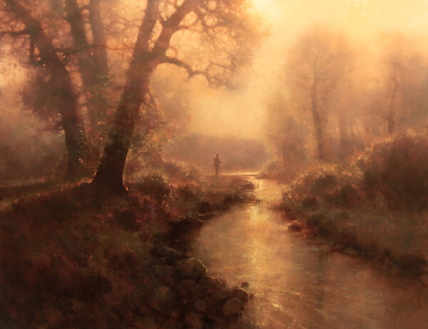 painting of a golden hours stream bounded by tress, with the sunlight reflecting on the water