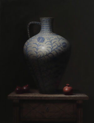 painting of a tall vase with fruit at the base, sitting on a table