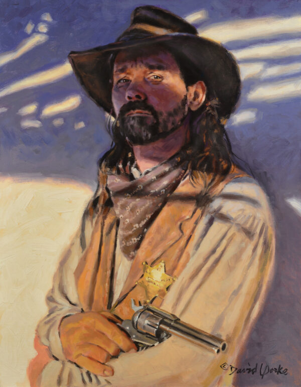 painting of a western lawman wearing a hat with shadows cast across his face