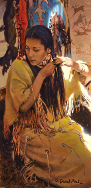 painting of a young native american woman in traditional dress braiding her hair