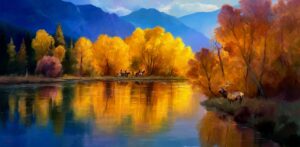 painting of a small group of people on horseback across a body of water with brilliant trees of gold and tall blue mountains reflect in the water surface.