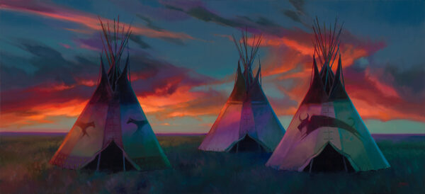 painting of teepees under a dramatic evening sky