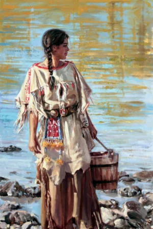 native american woman standing by the edge of a river looking to the right