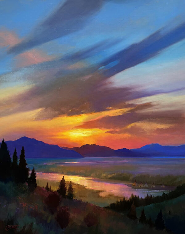 beautiful painting of a mountain lake.