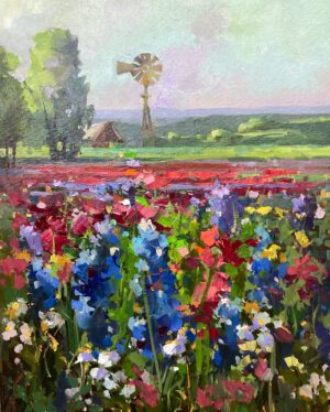 painting of a variety of wildflowers in the foreground with green fields in the background