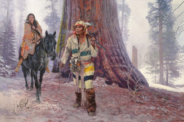 image of a man leading a woman on a horse through a sequoia forest