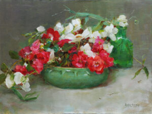 painting of sweet peas and roses in a bowl