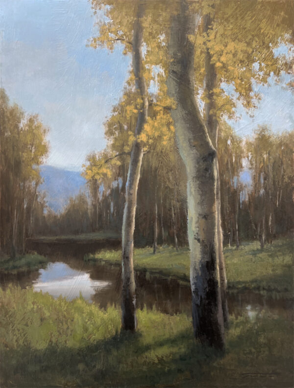 painting of golden-leaved aspens along a creek bank