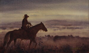 watercolor painting of a cowboy on his horse, driving a herd of cattle