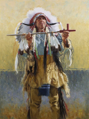painting of a Lakota Chief holding up a sacred pipe