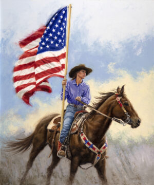 painting of a cowboy riding a horse and carrying an American Flag