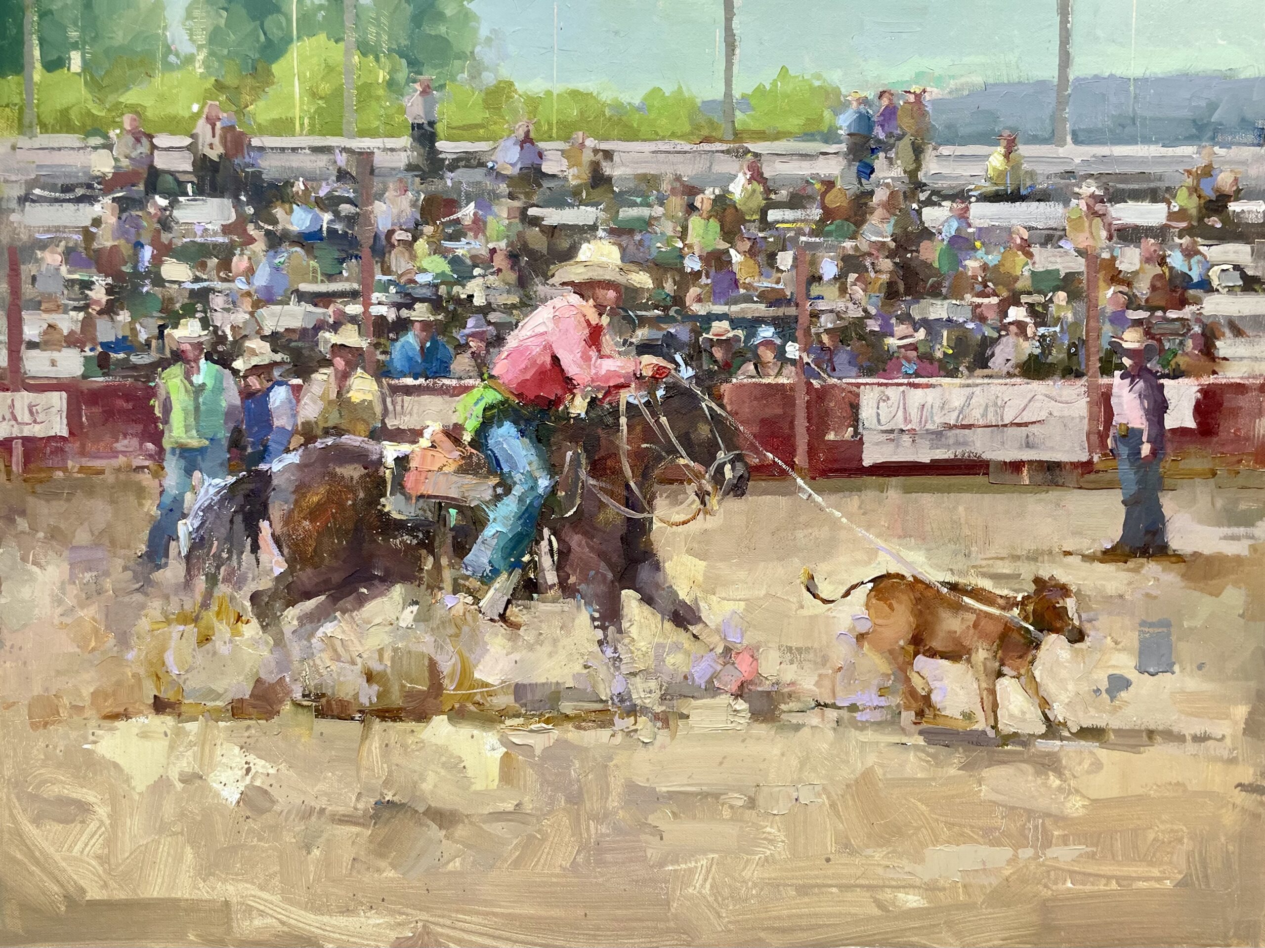 painting of a cowboy roping a young cow/bull at an outdoor event