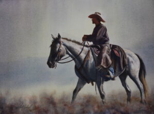 watercolor painting of a cowboy riding a horse with a misty or foggy overlay