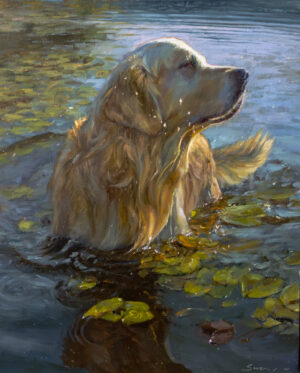 painting of a retriever standing on water, looking toward the right