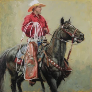 painting of a cowboy on a horse with a coiled rope