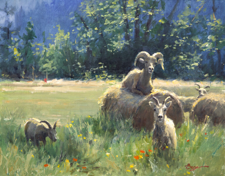 painting of sheep in a hayfield looking inquisitively at the painter