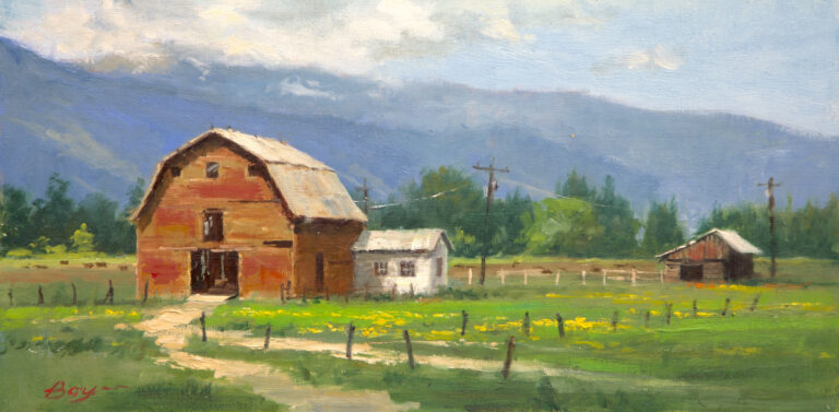painting of an older red barn against a backdrop of a mountain range
