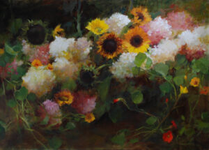 still life painting of pink hydrangea adn sunflowers