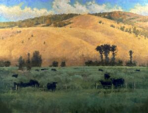 painting by Shanna Kunz of a rolling valley with a foothill, sunlight is showing on the foothill