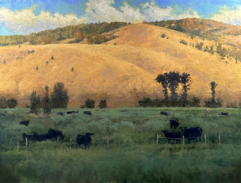 painting by Shanna Kunz of a rolling valley with a foothill, sunlight is showing on the foothill