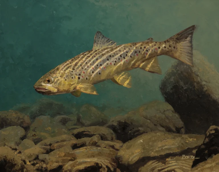 oil painting of a eddy brown fish under the water surface by Jim Bortz