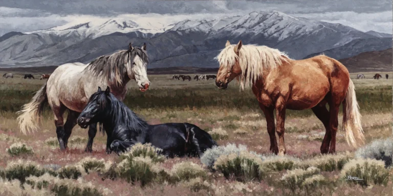 oil painting by jim bortz of a trio of horses with a snowcapped mountain range in the background