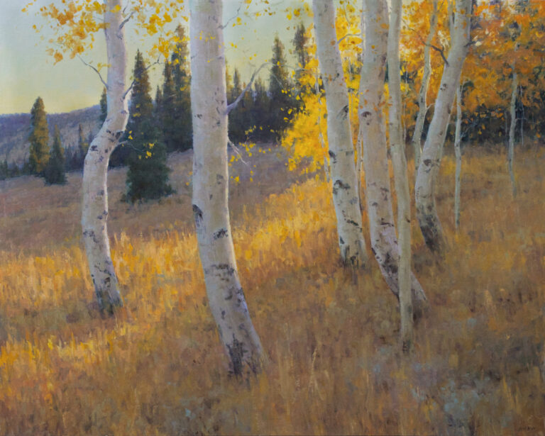 painting by keith bond of a small stand of aspen trees