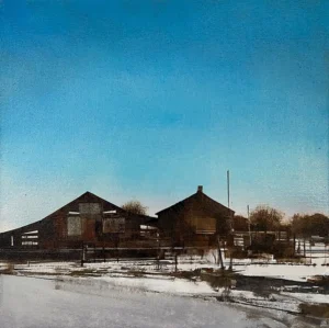 painting of rustic buildings against a brilliant blue sky by Charlie Hunter