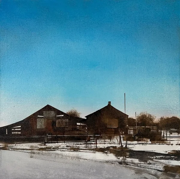 painting of rustic buildings against a brilliant blue sky by Charlie Hunter