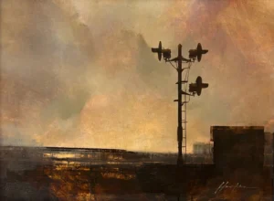 painting by Charlie Hunter of a railroad signal against a dramatic sky