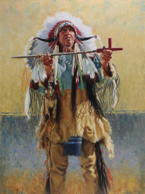 image of a painting by Krystii Melaine depicting a native american hoding a sacred pipe