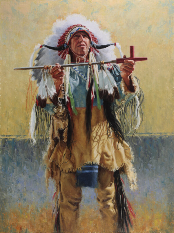 image of a painting by Krystii Melaine depicting a native american hoding a sacred pipe