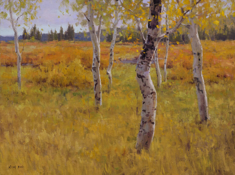 painting by keith bond of a field with small aspens growing