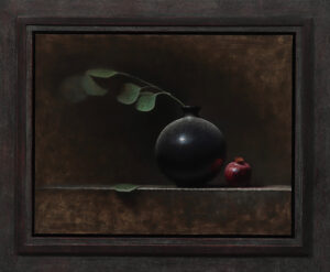 painting by Jeremy Goodding of a crimson apple sitting on a table next to a black vase